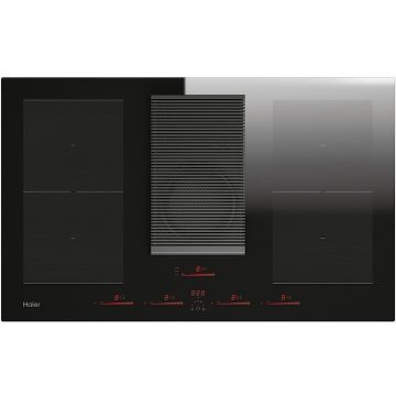 HAIER Plita incorporabila cu hota inclusa Haier HAIH8IFMCF, Inductie, 4 zone de gatit, Zona Double Bridge, Control tactil, Indicator de caldura reziduala, Timmer, Booster, Incalzire automata, Hota recirculare, Clasa A, 80 cm, Negru