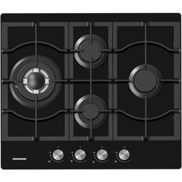 HEINNER Plita incorporabila Heinner HBH-M452IWFGBK, Gaz, 4 arzatoare, Gratar fonta, Wok, Aprindere electrica, Dispozitiv de siguranta, 60 cm, Sticla Neagra