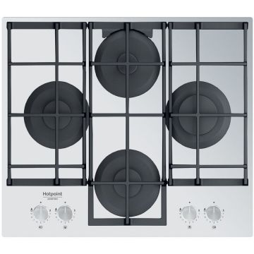 HOTPOINT Plita incorporabila Hotpoint HAGS61F/WH HOB, Gaz, 4 arzatoare, Gratare fonta, 60 cm, Sticla alba
