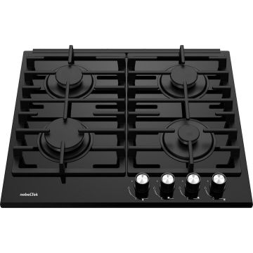 NobeLTek Plita incorporabila NobeLTek , gaz pe sticla, comenzi frontale, aprindere buton, sticla neagra, gratar fonta, Negru