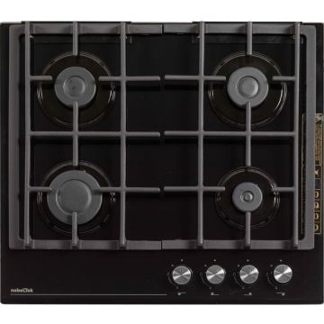 NobeLTek BI Plita incorporabila Nobeltek NHBG-6401BKF, gaz, sticla, comenzi frontale, aprindere buton, gratar fonta, Negru
