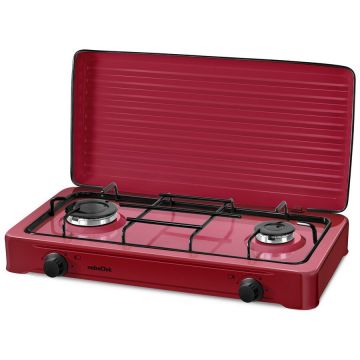 NobeLTek Kitchen Plita NobeLTek exterior, gaz, 2 arzatoare, gratar emailat, fara sigurata, diuze GPL, capac, Rosu