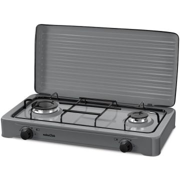 NobeLTek Kitchen Plita NobeLTek exterior, gaz, 2 arzatoare, gratar emailat, fara sigurata, diuze GPL, capac, Silver