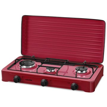 NobeLTek Kitchen Plita NobeLTek exterior, gaz, 3 arzatoare, gratar emailat, fara sigurata, diuze GPL, capac, Rosu