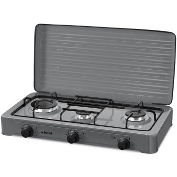 NobeLTek Kitchen Plita NobeLTek exterior, gaz, 3 arzatoare, gratar emailat, fara sigurata, diuze GPL, capac, Silver