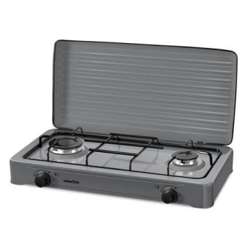 Plita exterior NobeLTek NLT PE2GS, Gaz, 2 arzatoare, Gratar emailat, fara siguranta, Diuze GPL, Capac emailat (Argintiu)