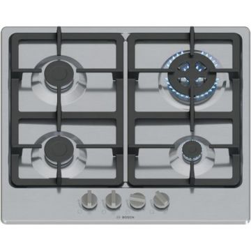 Plita incorporabila Bosch PGH6B5K90, Gaz, 4 arazatoare, Gratar fonta, Arzator Wok, 60 cm (Inox)