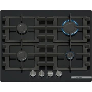 Plita incorporabila Bosch PNP6B6K40, Gaz, 4 arazatoare, Gratar fonta, 60 cm, Sticla (Negru)
