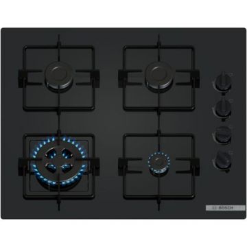 Plita incorporabila Bosch POH6B6K30, Gaz, 4 arzatoare, Arzator Wok, Gratar otel, 60 cm, Sticla (Negru)