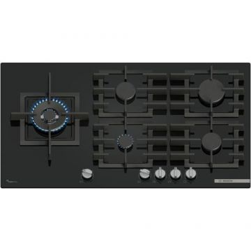 Plita incorporabila Bosch PPM9A6I40, 5 arzatoare, Flame select, Arzator Wok, Gratar fonta, 90 cm, Sticla (Negru)