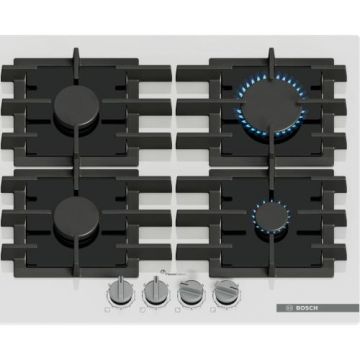 Plita incorporabila Bosch PPP6A2I40, Gaz, 4 arzatoare, Flame select, Gratar fonta, 60 cm, Sticla (Alb)