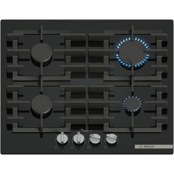 Plita incorporabila Bosch PPP6A6I40, Gaz, 4 arzatoare, Flame select, Gratar fonta, 60 cm, Sticla (Negru)
