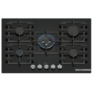 Plita incorporabila Bosch PPQ7A6I40, Gaz, 5 arzatoare, Flame select, Arzator Wok, Gratar fonta, 75 cm (Sticla neagra)