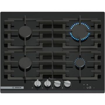 Plita incorporabila Bosch PRP6A6H40, 4 arzatoare, Flame select, Gratar fonta, Touch control & mecanic, Smart Hood Automatic, Home Connect, 60 cm, Sticla (Negru)