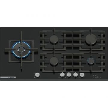 Plita incorporabila Bosch PRS9A6H40, 5 arzatoare, Flame select, Arzator Wok, Touch control & mecanic, Gratar fonta, 90 cm, Sticla (Negru)