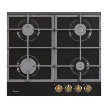 Plita incorporabila Fram FBH-S4IWF-GRBK, Gaz, 4 arzatoare, Aprindere electrica, Gratar fonta, Duze GPL incluse, 60 cm, Sticla neagra