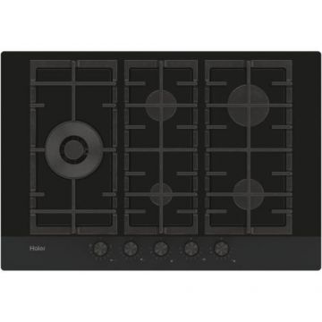 Plita incorporabila Haier HAHG7W5HEB, Gaz, 5 Arzatoare, Grilaje fonta, Aprindere electrica, Preci Flame, 75 cm, Email cu sticla (Negru)