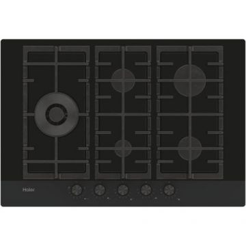 Plita incorporabila Haier HAVG7WL4HB, Gaz, 5 arzatoare, Aprindere electrica, Gratar fonta, Wok, 75 cm, Sticla neagra