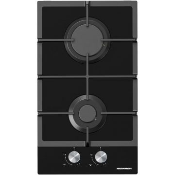 Plita incorporabila Heinner HBH-M302FGBK, Gaz, 2 arzatoare, Aprindere electrica, Sticla neagra