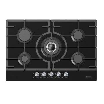 Plita incorporabila Heinner HBH-M705IWFGBK, Gaz, Aprindere electrica, Gratar fonta, 5 arzatoare, Wok, Sticla Neagra