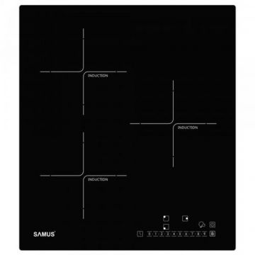 Plita incorporabila inductie Samus PSI-43BG1, latime 45 cm, 5800 W, 3 zone de gatit, Touch control, setari putere in 9 trepte (Sticla neagra)