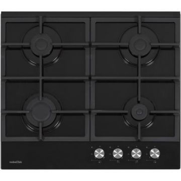 Plita incorporabila Nobeltek NHBG-6421BKF, Gaz, 4 arzatoare, Aprindere buton, Gratar fonta, Siguranta arzatoare, 60 cm, Sticla (Negru)