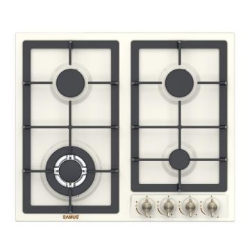 Plita incorporabila rustica SAMUS PSG-64VS2, Gaz, 4 arzatoare, Wok, Gratare din fonta, Sisteme de siguranta arzatoare, Aprindere electrica, 58 cm (Bej)