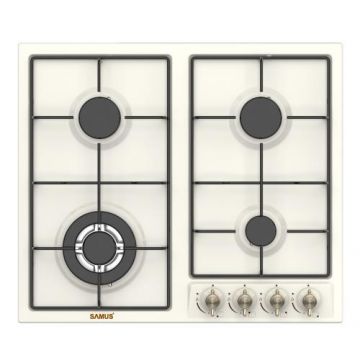 Plita incorporabila rustica SAMUS PSG-64VS3, Gaz, 4 arzatoare, Wok, Gratare metalice, Aprindere electrica, 58 cm (Bej)