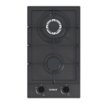 Plita incorporabila SAMUS PSG-32SMGN1, Gaz, 2 arzatoare, Gratare din fonta, Aprindere electrica (Negru)