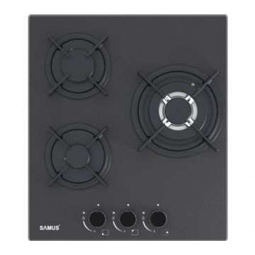 Plita incorporabila SAMUS PSG-43SMGN1, Gaz, 3 arzatoare, Gratare din fonta, Sticla neagra mata (Negru)
