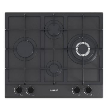 Plita incorporabila SAMUS PSG-64SMGN2, Gaz, 4 arzatoare, Gratare din fonta, Aprindere electrica, Sticla mata, 58 cm (Negru)