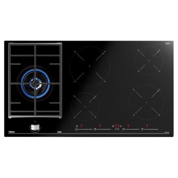 Plita mixta incorporabila Teka JZC 95314 ABN BK cu 1 arzator gaz coroana dubla si 4 zone inductie  90cm  Black glass