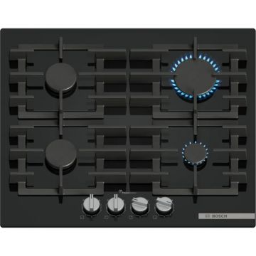 Plita pe gaz Bosch PPP6A6I40, Gaz, 4 arzatoare, Suprafata Quartz, Flame Select, Negru