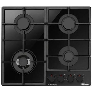 Plita pe gaz Hansa, gaz pe sticla, 60 cm, comenzi frontale, gratare de fonta, arzator WOK, flame control, 9 trepte de putere (Negru)