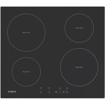 Samus Plita incorporabila inductie Samus PSI-64BMG10, Latime 60 cm, 4 zone de gatit, Touch Control, 7000 W, Timer, Setari putere in 9 trepte, Functie Impuls, Sticla ceramica neagra mata