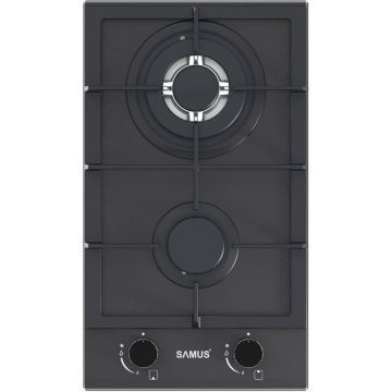 Samus Plita incorporabila Samus PSG-32SMGN1, 2 Arzatoare, Gratar fonta, Latime 29.4 cm, Aprindere electrica, Sticla Nano neagra mata