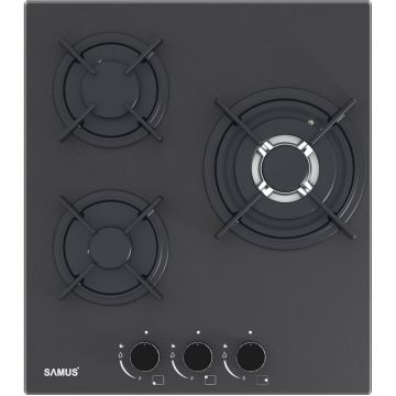 Samus Plita incorporabila Samus PSG-43SMGN1, 3 Arzatoare gaz, Gratare individuale fonta, Latime 45 cm, Aprindere electrica, Sticla Nano neagra mata