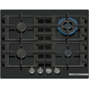 BOSCH Plita incorporabila Bosch PNH6B6K40, Gaz, 4 arazatoare, Gratar fonta, Arazator Wok, 60 cm, Sticla neagra