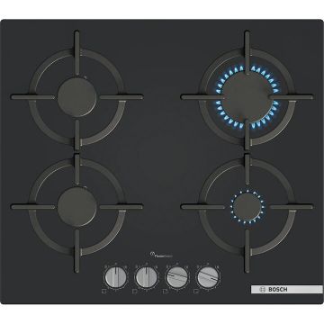 BOSCH Plita incorporabila Bosch PPP6A6I10, Gaz, 4 zone de gatit, Gratare fonta, FlameSelect, Aprindere electrica, 60 cm, Sticla neagra