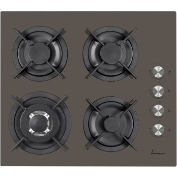 Fram Plita incorporabila Fram FBH-V4IWF-GMK, Gaz, 4 Arzatoare, WOK, Gratar fonta, Aprindere electrica, Dsipozitiv de siguranta, 60 cm, Sticla cafeniu