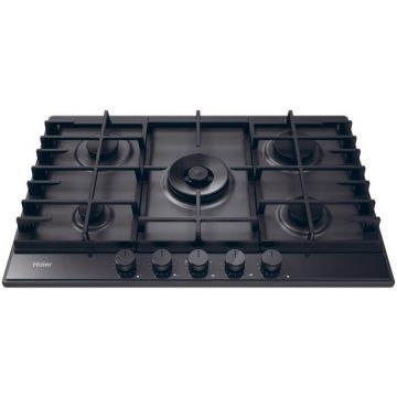HAIER Plita incorporabila pe gaz Haier HAHG7W5TEB, 5 arzatoare, arzator Wok central, grilaje fonta (3), 75 cm, Neagra
