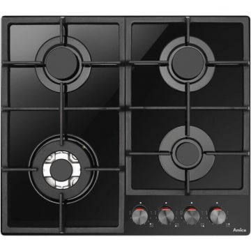 hansa Plita pe gaz Amica PGCD6101APFB, gaz pe sticla, 60 cm, comenzi frontale, gratare de fonta, arzator WOK, flame control, 9 trepte de putere, Negru