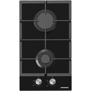 HEINNER Plita incorporabila Heinner HBH-M302FGBK, Gaz, 2 arzatoare, Gratar fonta, Aprindere electrica, Dispozitiv de siguranta, 30 cm, Sticla neagra