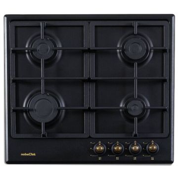 NobeLTek Plita incorporabila NobeLTek NHBG-9744RANT, gaz, comenzi frontale, aprindere buton, gratre fonta, design rustic, Antracit