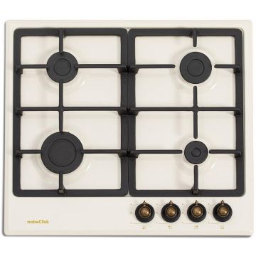 NobeLTek Plita incorporabila NobeLTek NHBG-9746RBJ, gaz, comenzi frontale, aprindere buton, gratre fonta, design rustic, crem