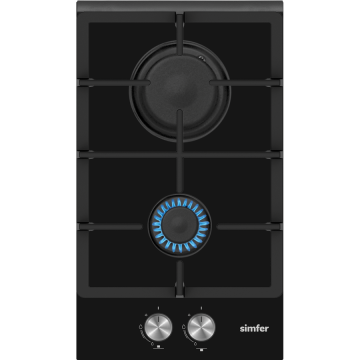 Simfer Plita incorporata pe gaz Simfer H3.201.TGRSP, 30 cm, 2 arzatoare, control frontal, suport pentru tigai din fonta, butoane cu capac din inox, sticla neagra